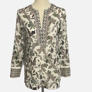 Tory Burch Tunic Blouse Top Leaf Print Beaded Size 0 Neutral Botanical Floral